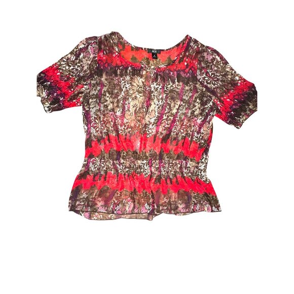 AGB XL Sheer Lace Tunic Red Black Snake Tie Neck Blouse Romantic Abstract Print - Picture 10 of 11